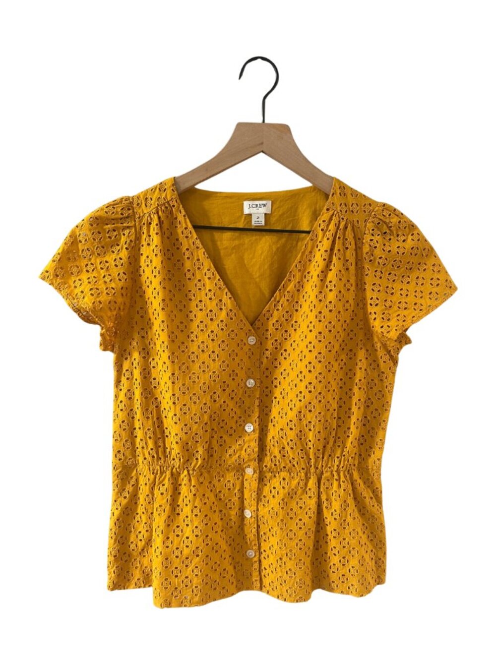 J. Crew Cotton Mustard Yellow Eyelet Button Front V-Neck Peplum Top - Size 2